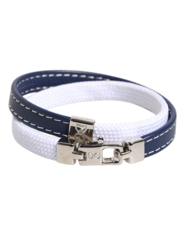 Blue White Leather Trimmed DG Engraved Silver Tone Clasp Bracelet