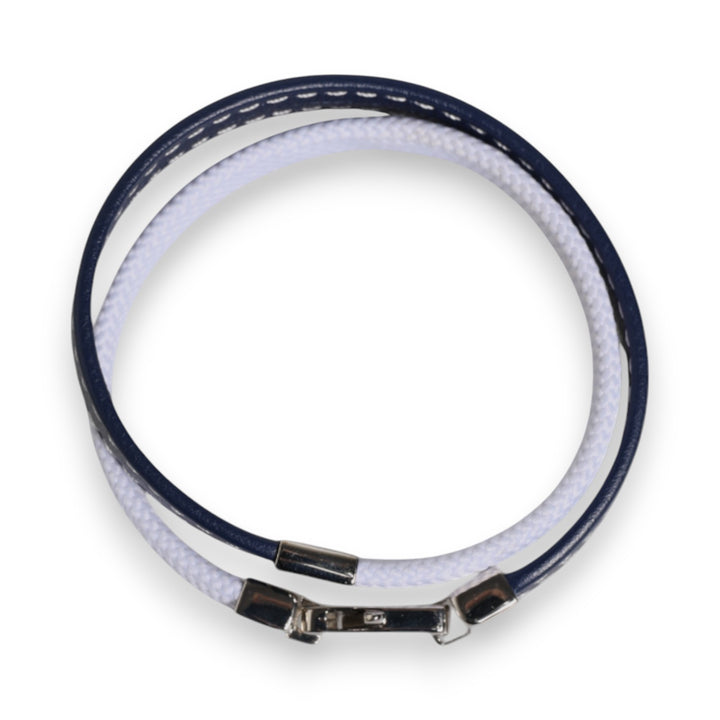 Blue White Leather Trimmed DG Engraved Silver Tone Clasp Bracelet