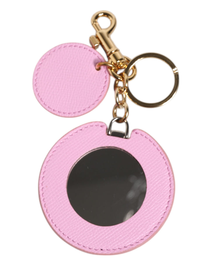 Pink Calf Leather Gold Metal Logo Print Keyring Keychain