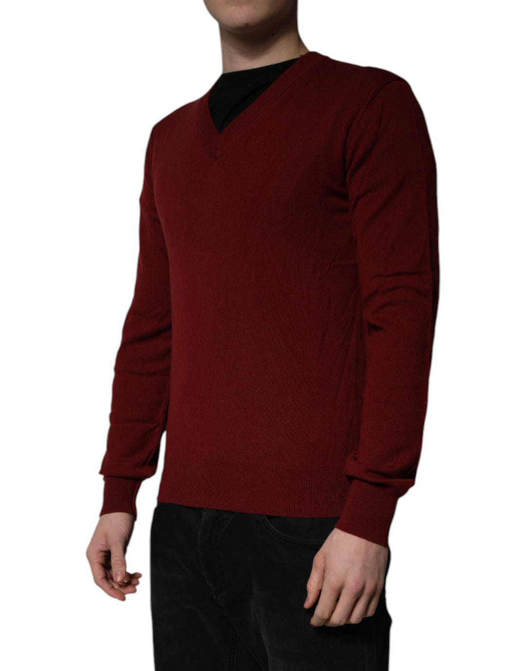 Maroon Cashmere V-neck Men Pullover Sweater