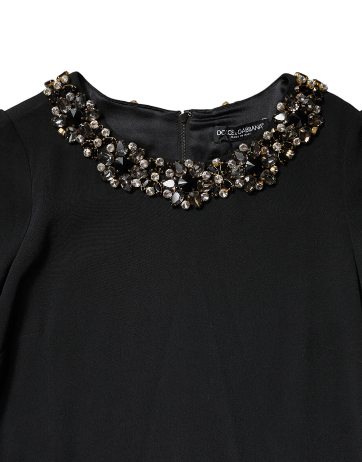 Black Crystal Embellished Round Neck Mini Dress