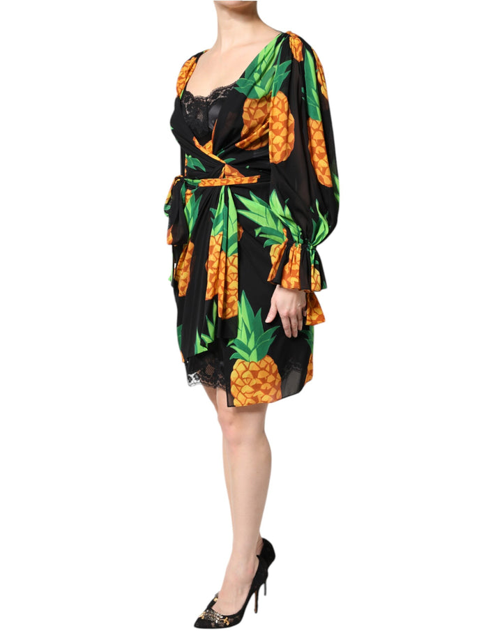Black Silk Pineapple Draped Print Wrap Dress