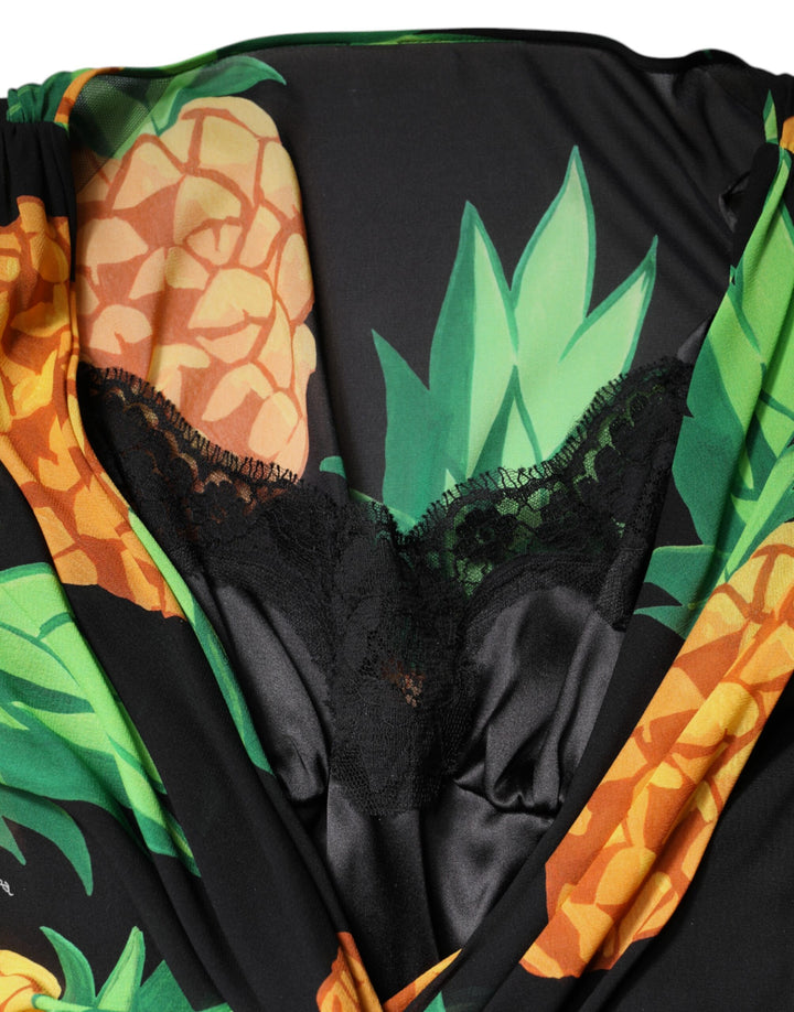 Dolce & Gabbana Black Silk Pineapple Draped Print Wrap Dress