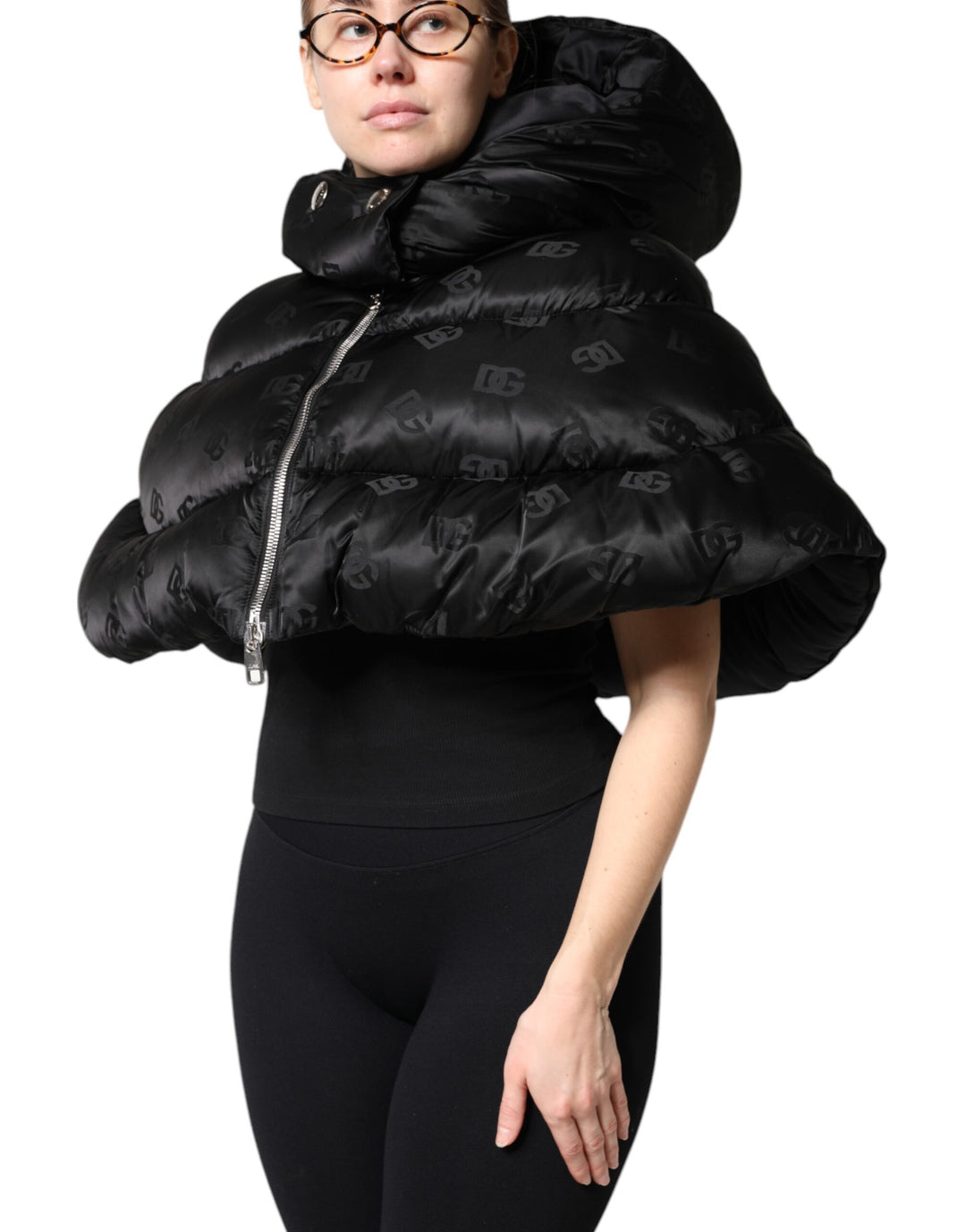 Black Padded Puffer Hooded Full Zip Cropped Jacket