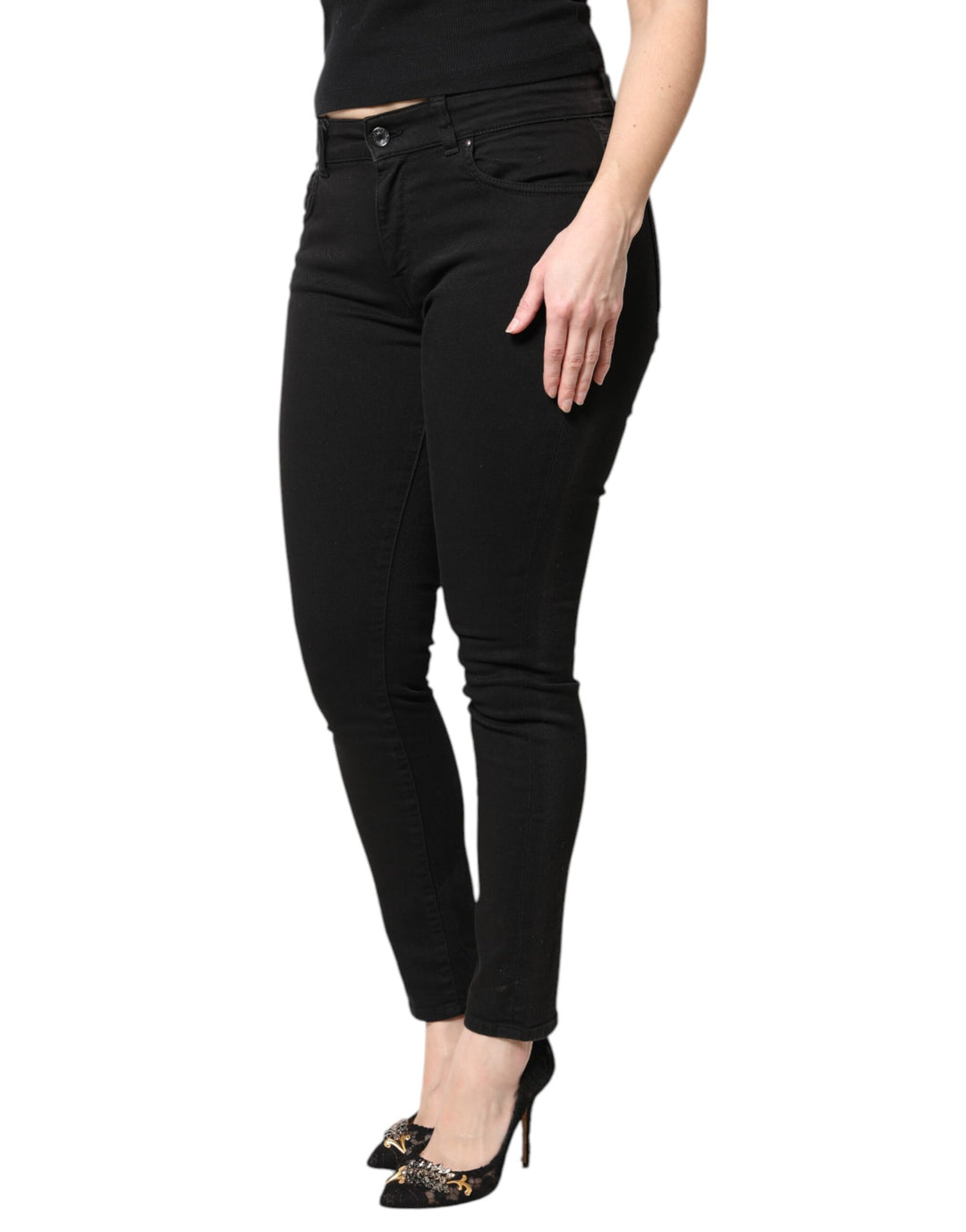 Black Cotton Mid Waisted Skinny Denim Jeans