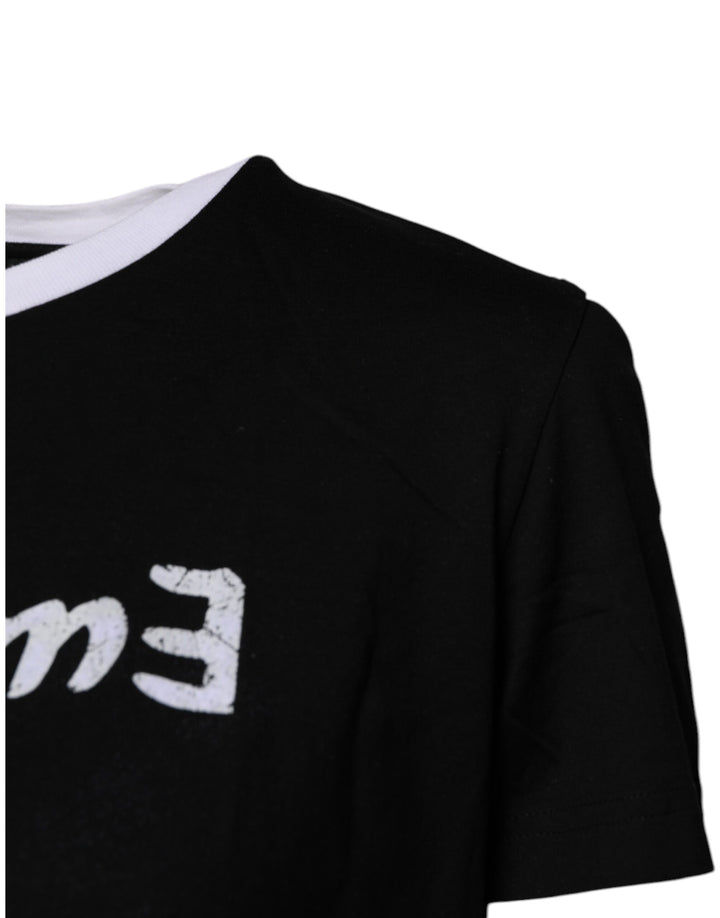 Black Printed Round Neck Top Cotton T-shirt