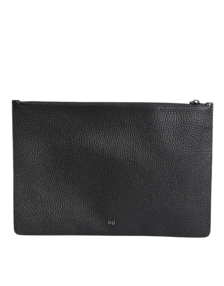 Black Calfskin Crown Embellished Clutch Pouch Bag