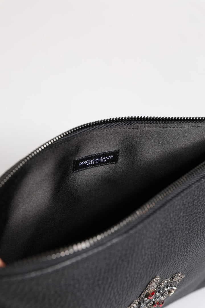 Black Calfskin Crown Embellished Clutch Pouch Bag