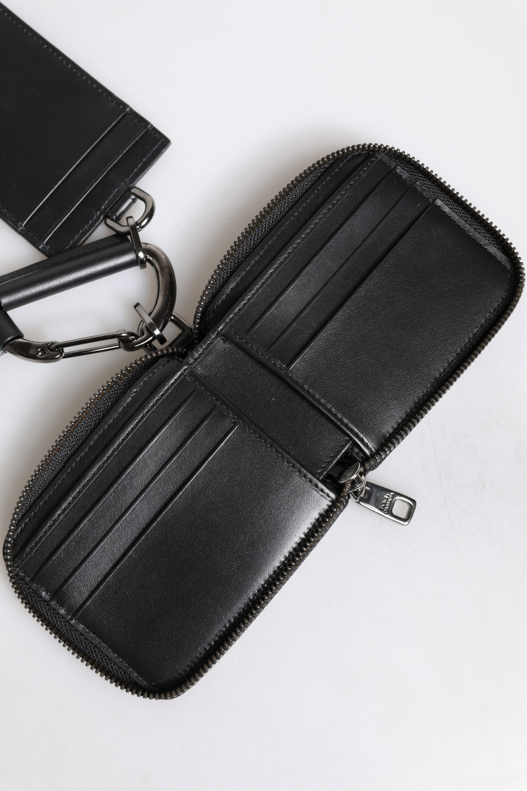Black Leather Lanyard Zip Around Card Holder Wallet