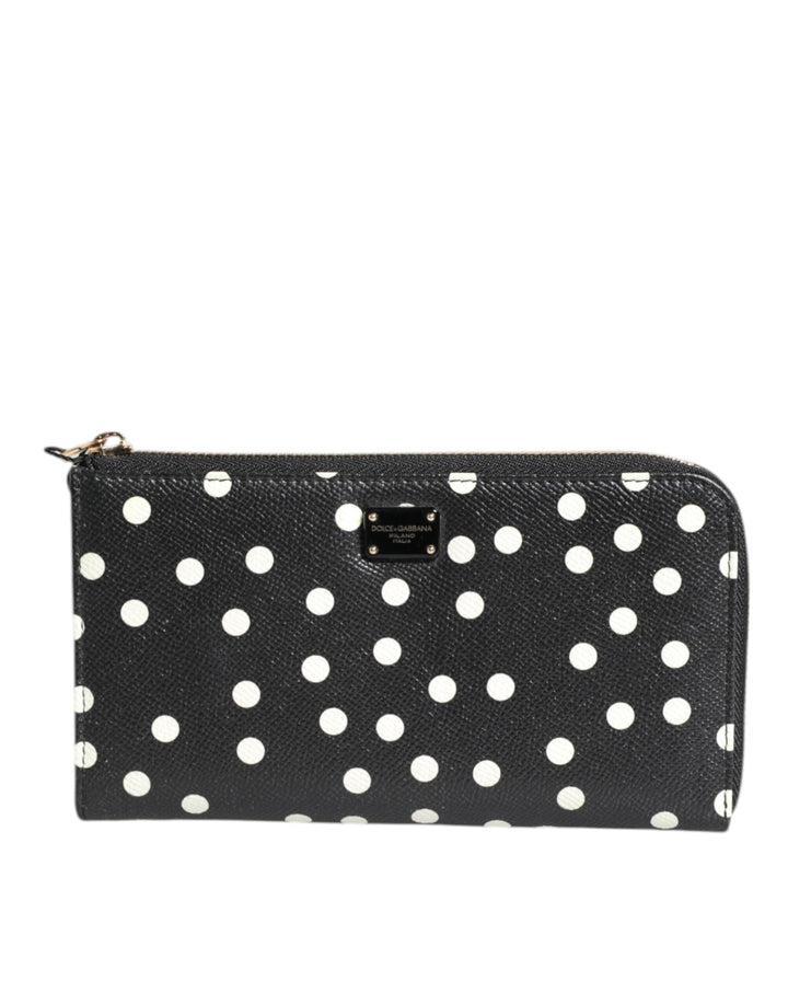 Black White Dotted Leather Zip Around Continental Wallet
