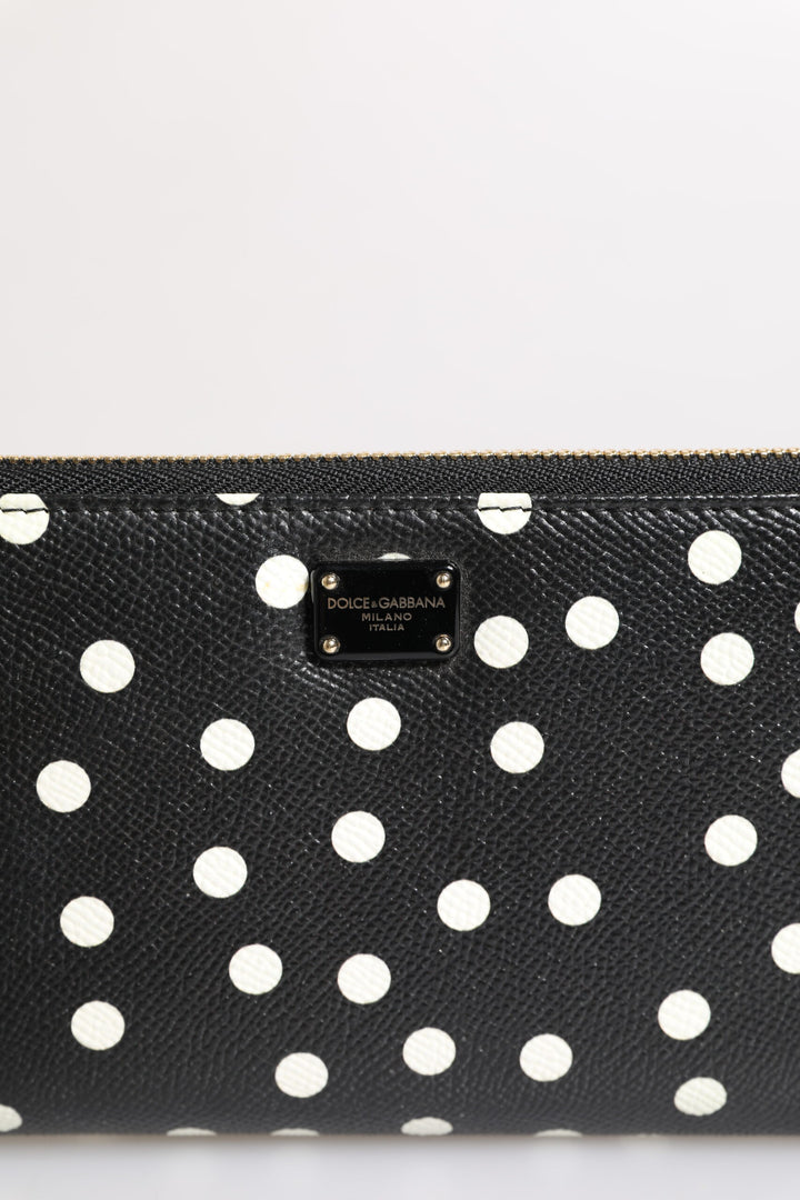 Black White Dotted Leather Zip Around Continental Wallet