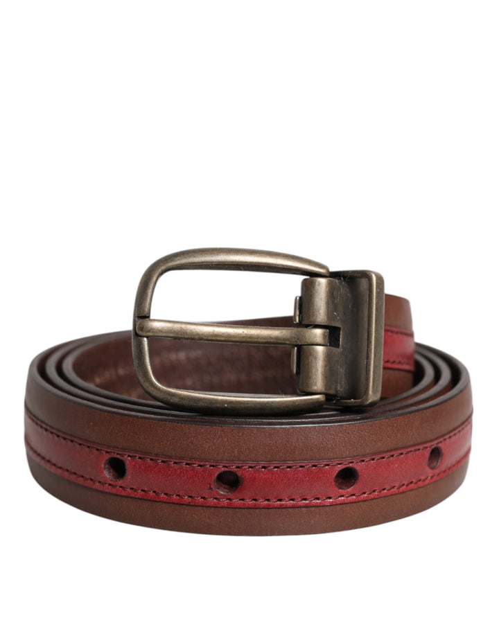 Burgundy Leather Metal Logo Buckle Belt