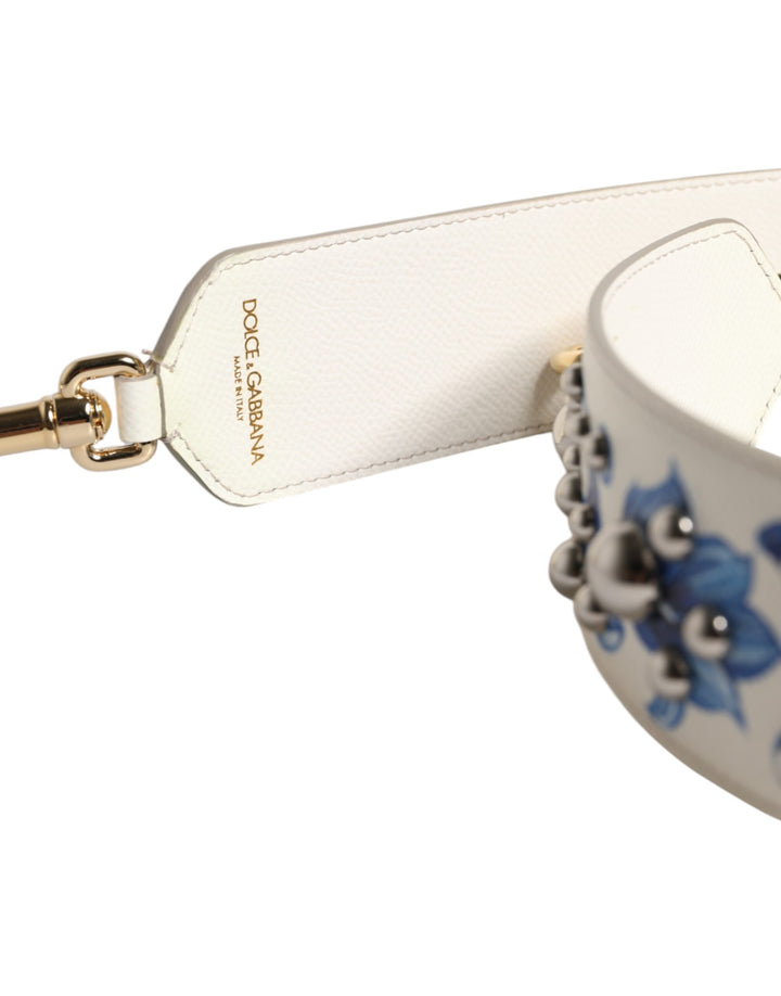 White Blue Floral Leather Stud Shoulder Strap