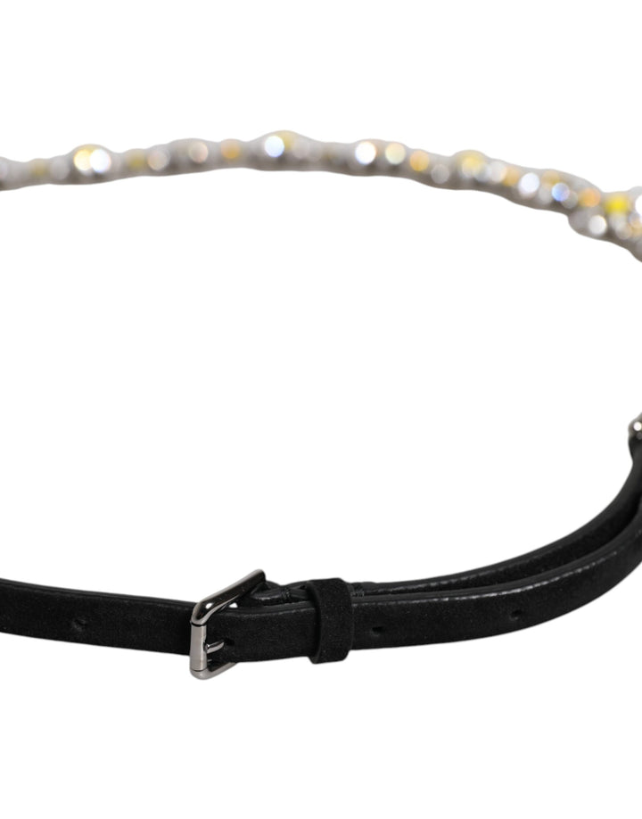 Black Leather Daisy Crystal Embellish Waist Belt