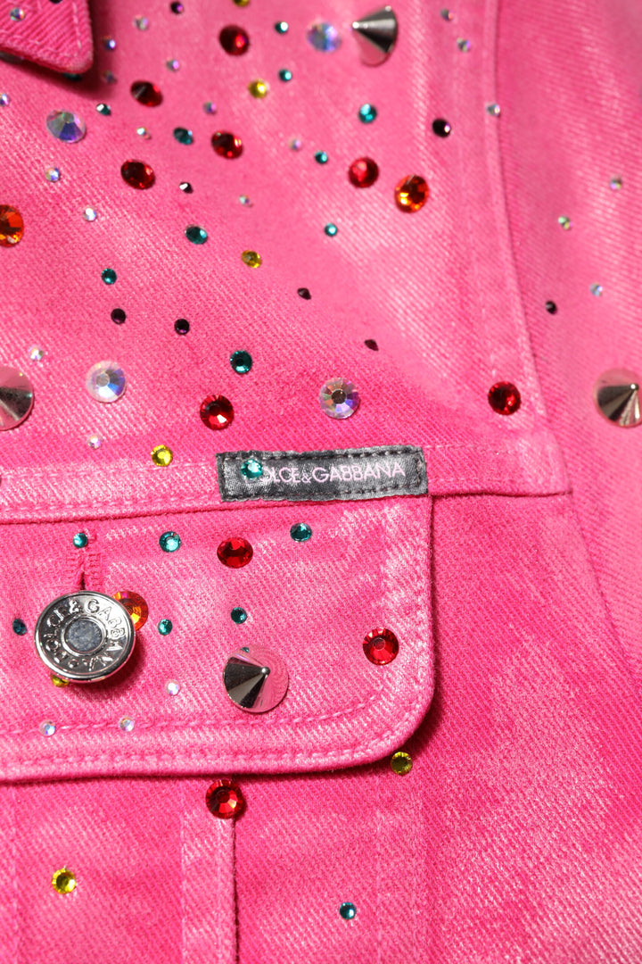 Pink Crystal Embellished Cotton Denim Jacket
