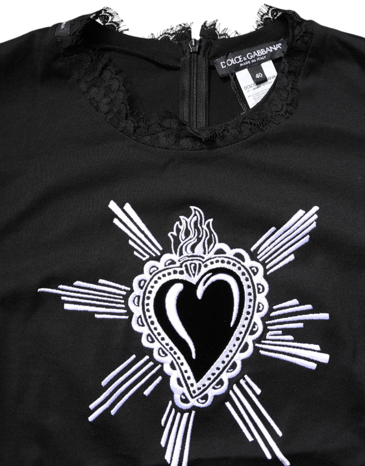 Black Lace Sheer Sacred Heart Crew Neck Top