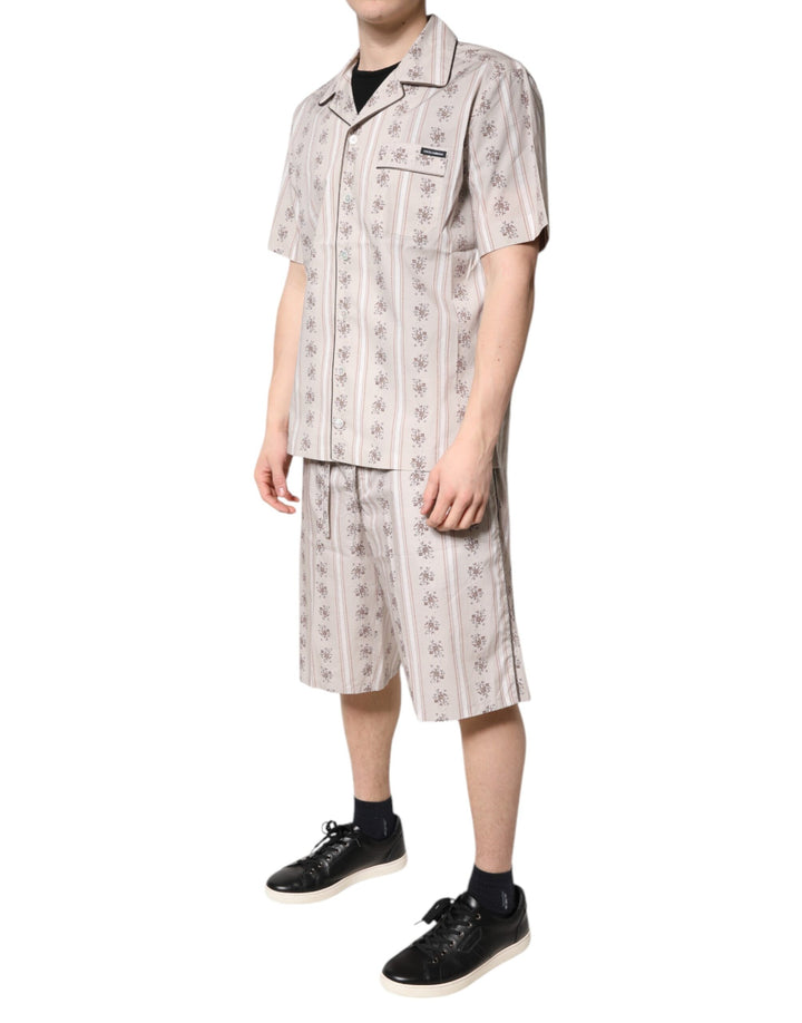 Beige Floral Print Cotton Men Pajama Set Sleepwear