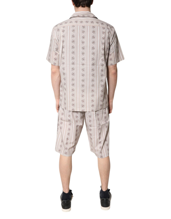 Beige Floral Print Cotton Men Pajama Set Sleepwear