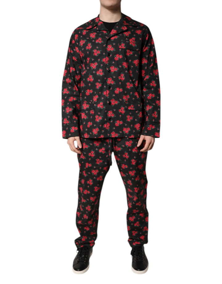 Black Floral Print Cotton Men Pajama Set Sleepwear