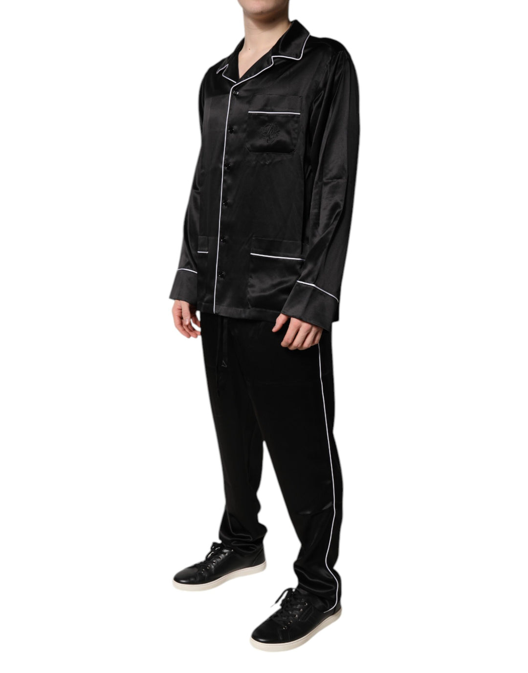 Black Silk Shirt Pants Pajama Set Sleepwear