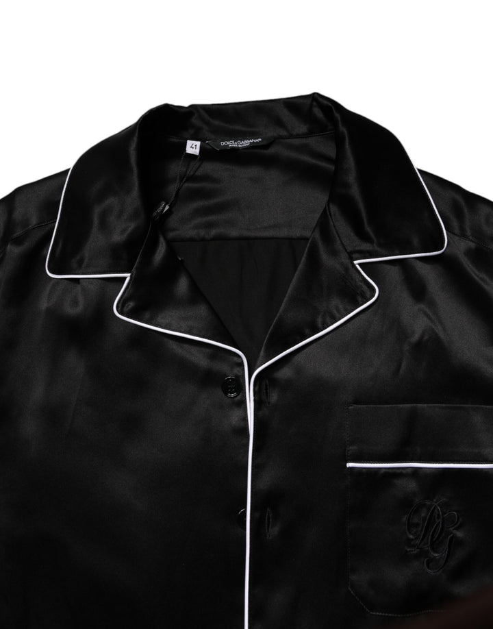 Black Silk Shirt Pants Pajama Set Sleepwear