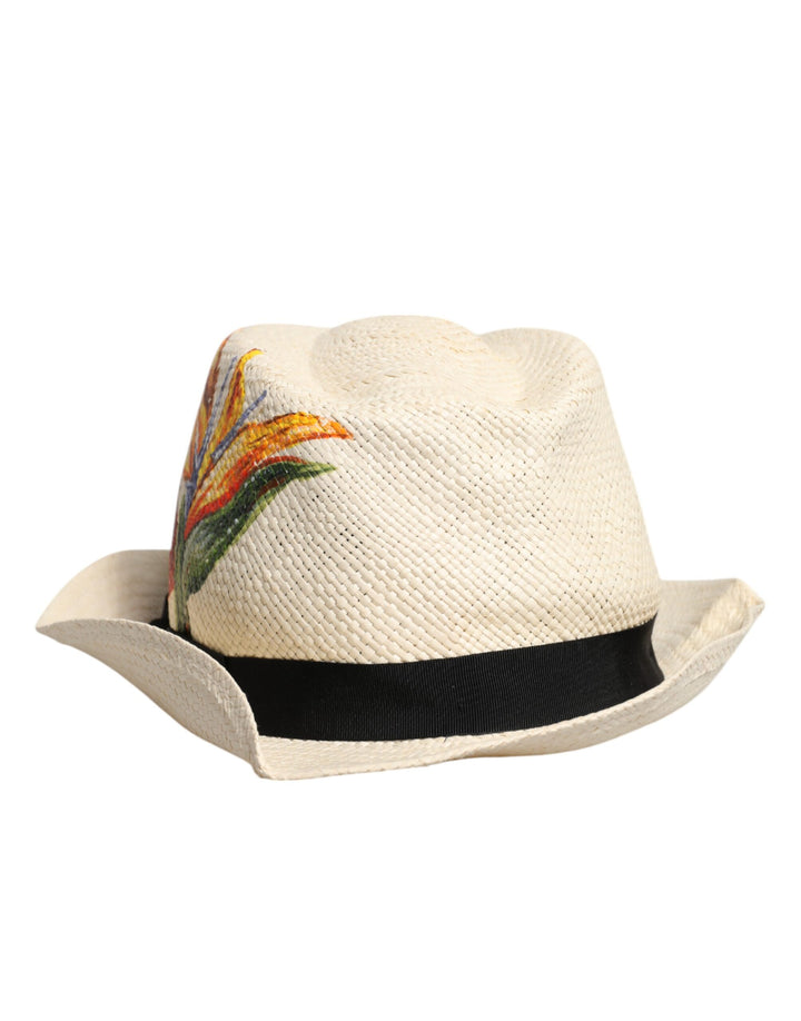 Beige Floral Print Straw Wide Brim Fedora Hat