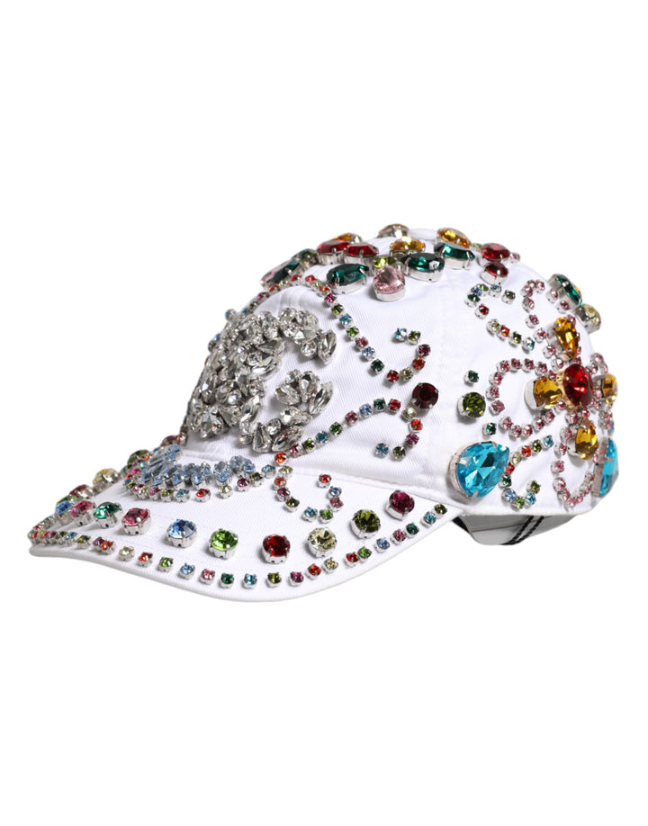 White Multicolor Crystal Embellish Baseball Cap