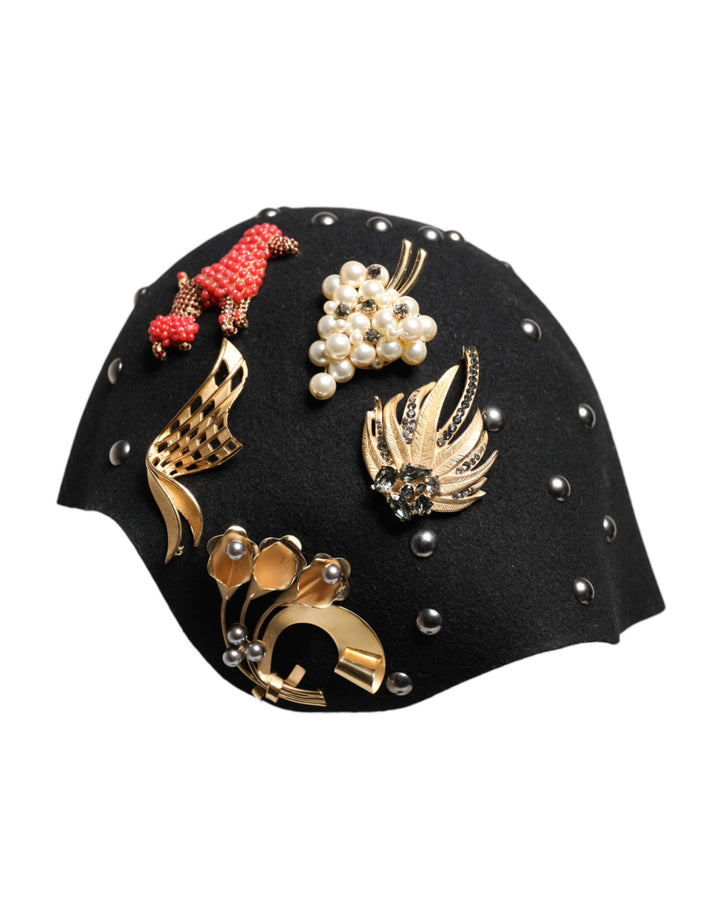 Black Wool Multicolor Embellished Cloche Hat