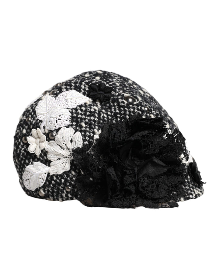 Black Wool White Floral Embellished Cloche Hat