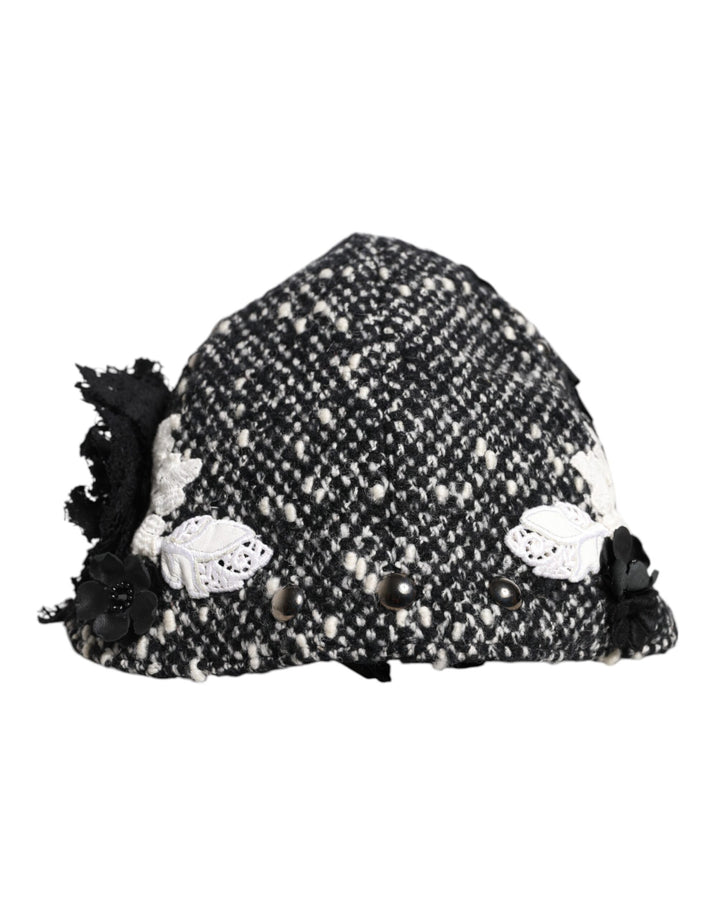 Black Wool White Floral Embellished Cloche Hat