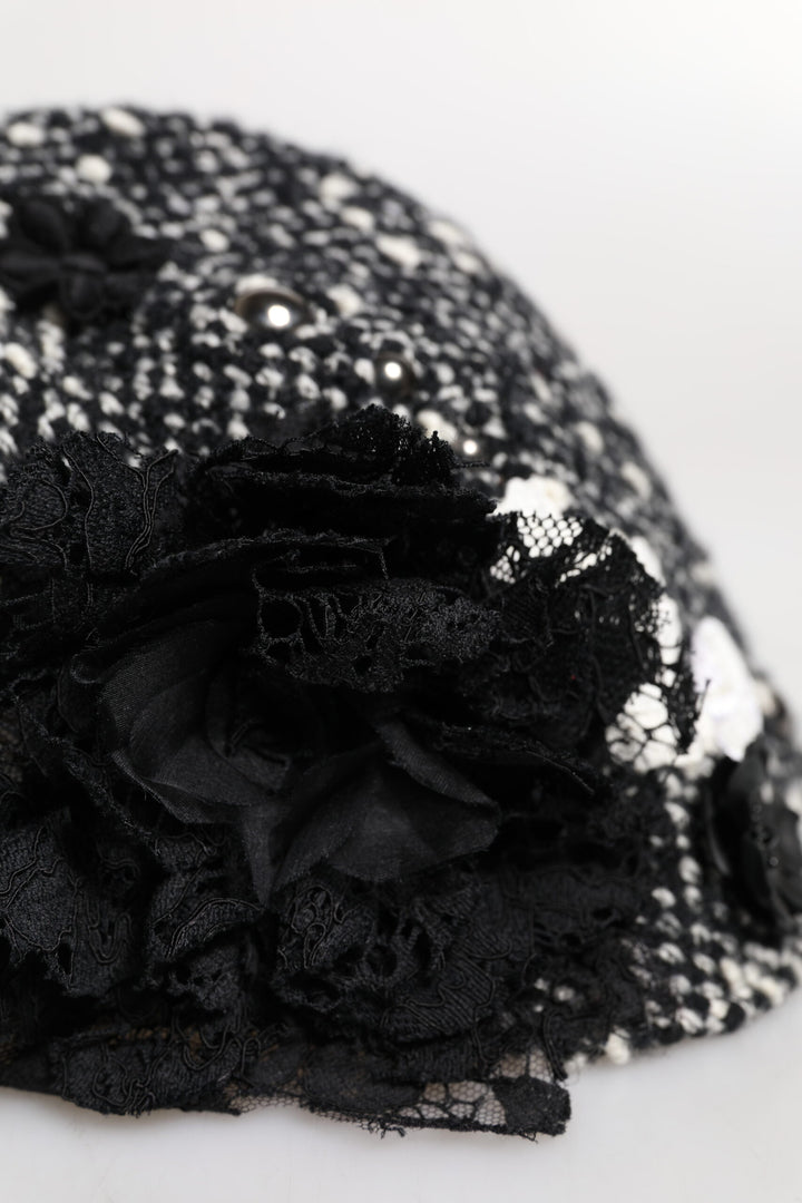 Black Wool White Floral Embellished Cloche Hat