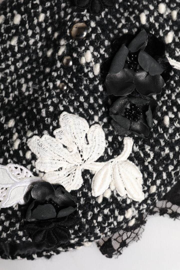 Black Wool White Floral Embellished Cloche Hat