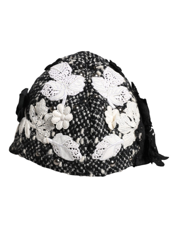 Black Wool White Floral Embellished Cloche Hat