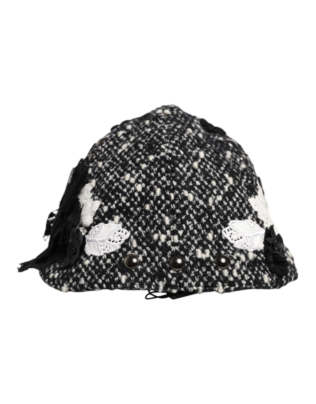 Black Wool White Floral Embellished Cloche Hat