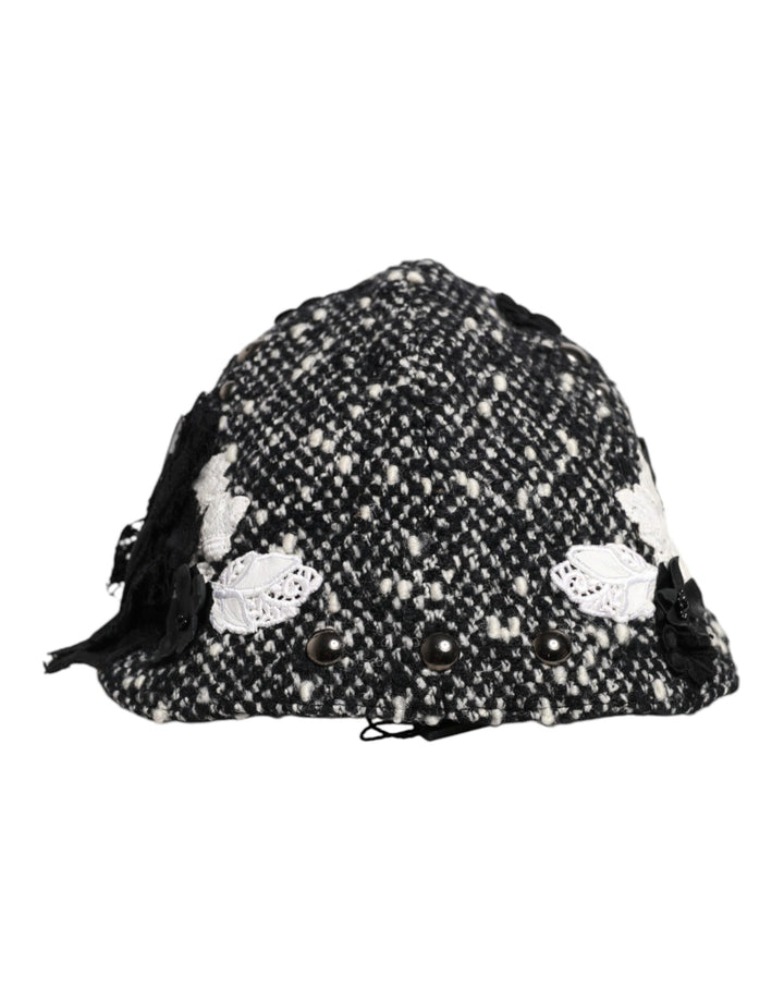 Black Wool White Floral Embellished Cloche Hat