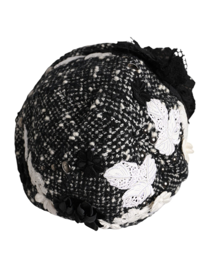 Black Wool White Floral Embellished Cloche Hat
