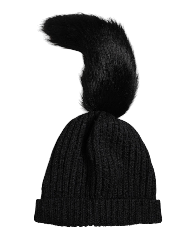 Black Acrylic Knitted Fur Winter Beanie Hat