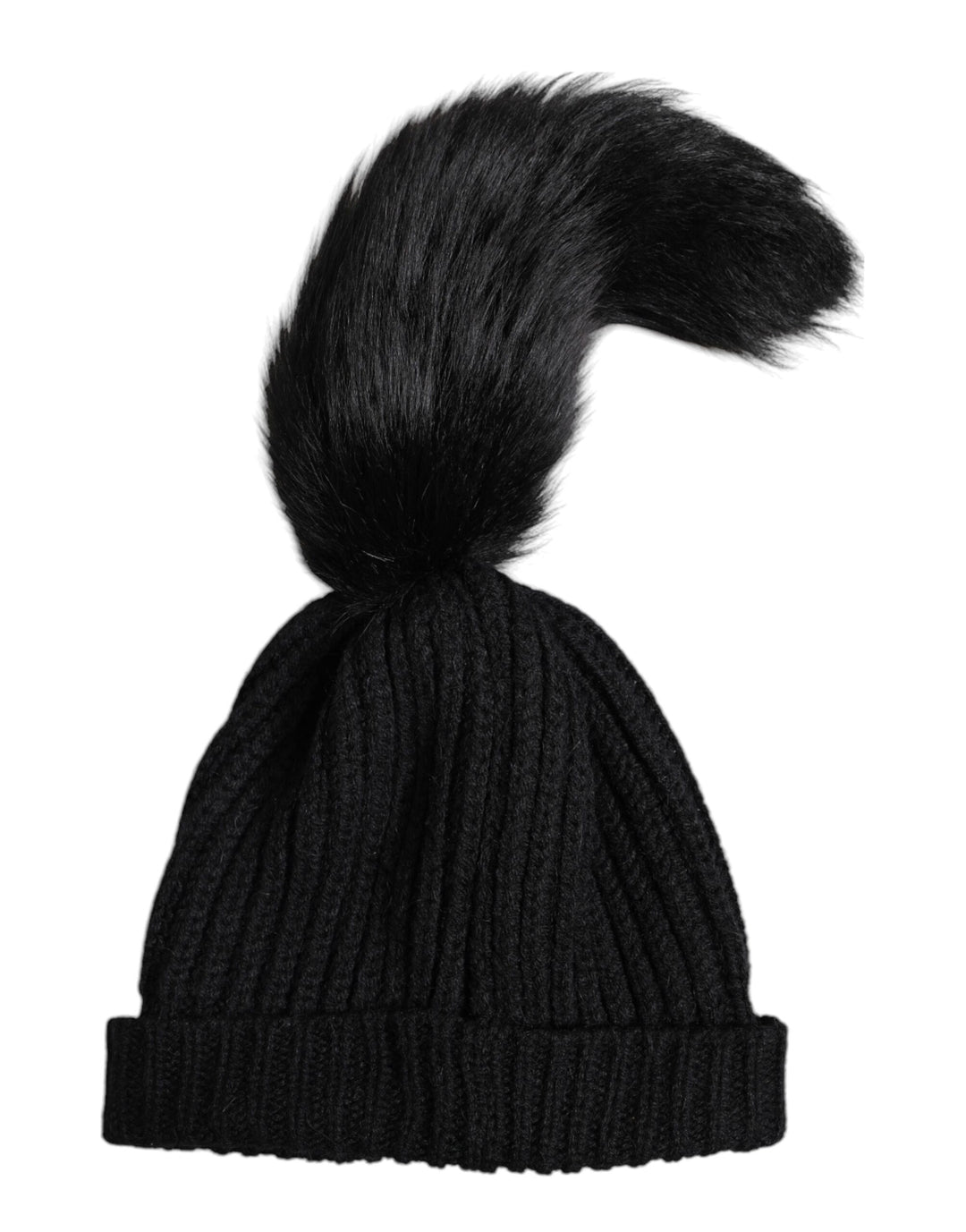 Black Acrylic Knitted Fur Winter Beanie Hat