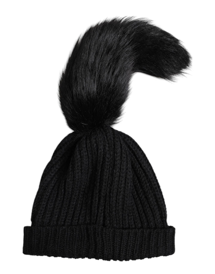 Black Acrylic Knitted Fur Winter Beanie Hat