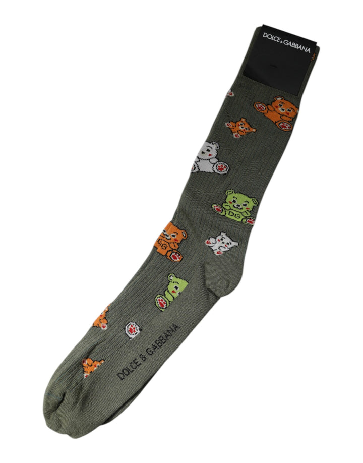 Green Nylon DG Bear Printed Mid Calf Socks