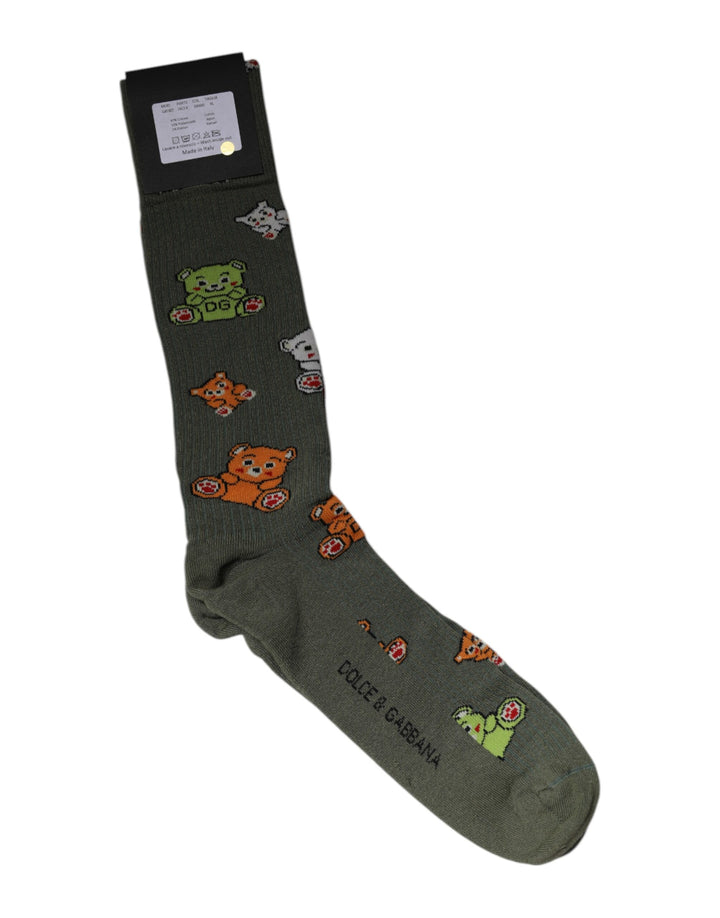 Green Nylon DG Bear Printed Mid Calf Socks
