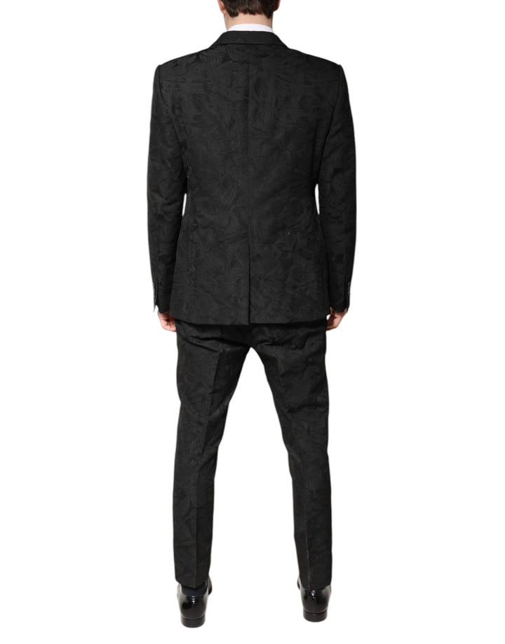 Black Polyester Floral Jacquard 2 Piece Suit