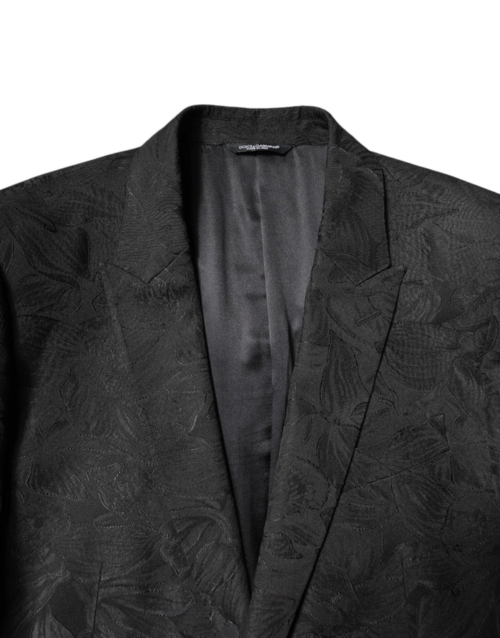 Black Polyester Floral Jacquard 2 Piece Suit