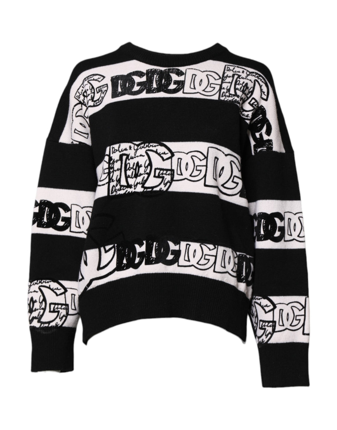 Black White Logo Print Wool Pullover Sweater