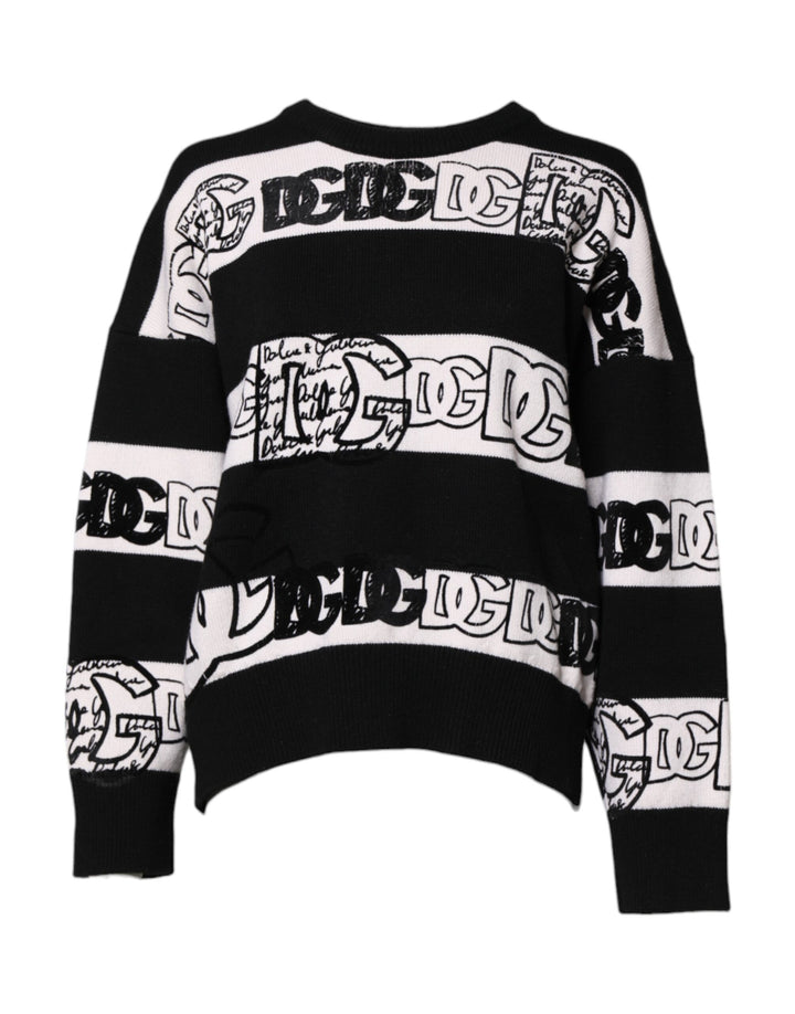 Black White Logo Print Wool Pullover Sweater