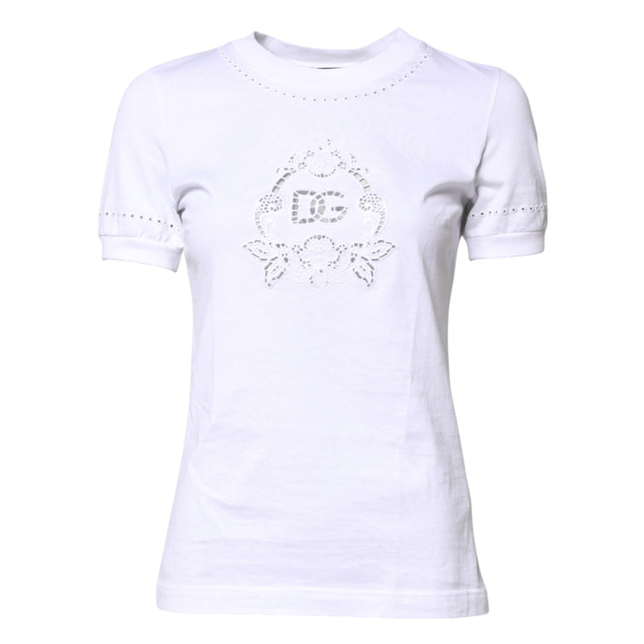 White Cotton Floral Logo Crew Neck T-shirt