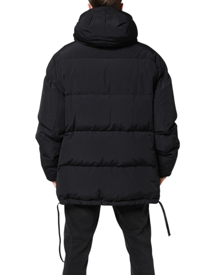Black Nylon Full Zip Hooded Parka Jacket