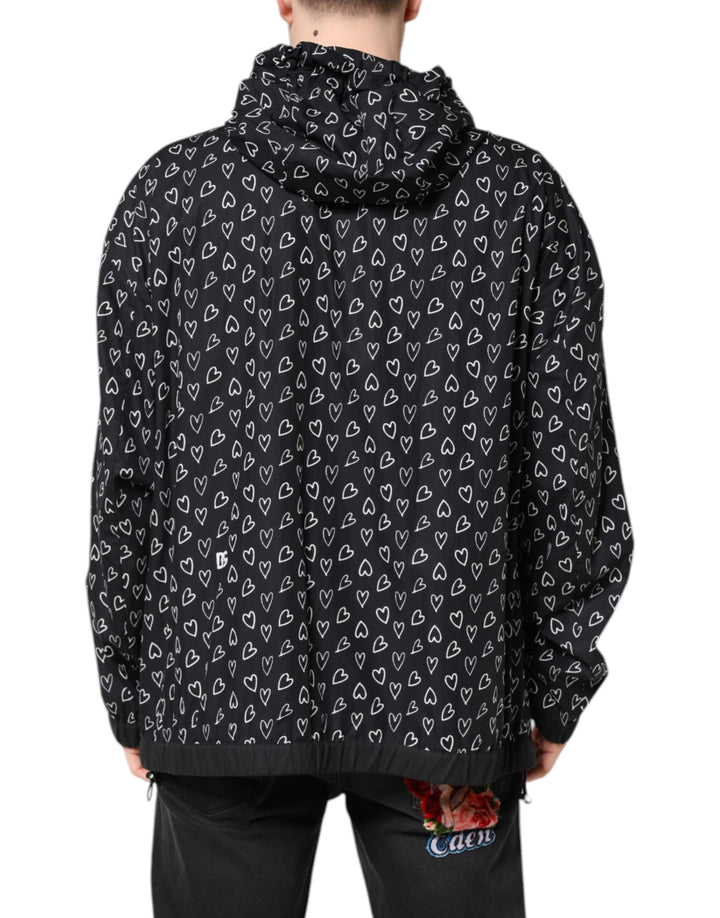 Black Heart Print Hooded Windbreaker Jacket