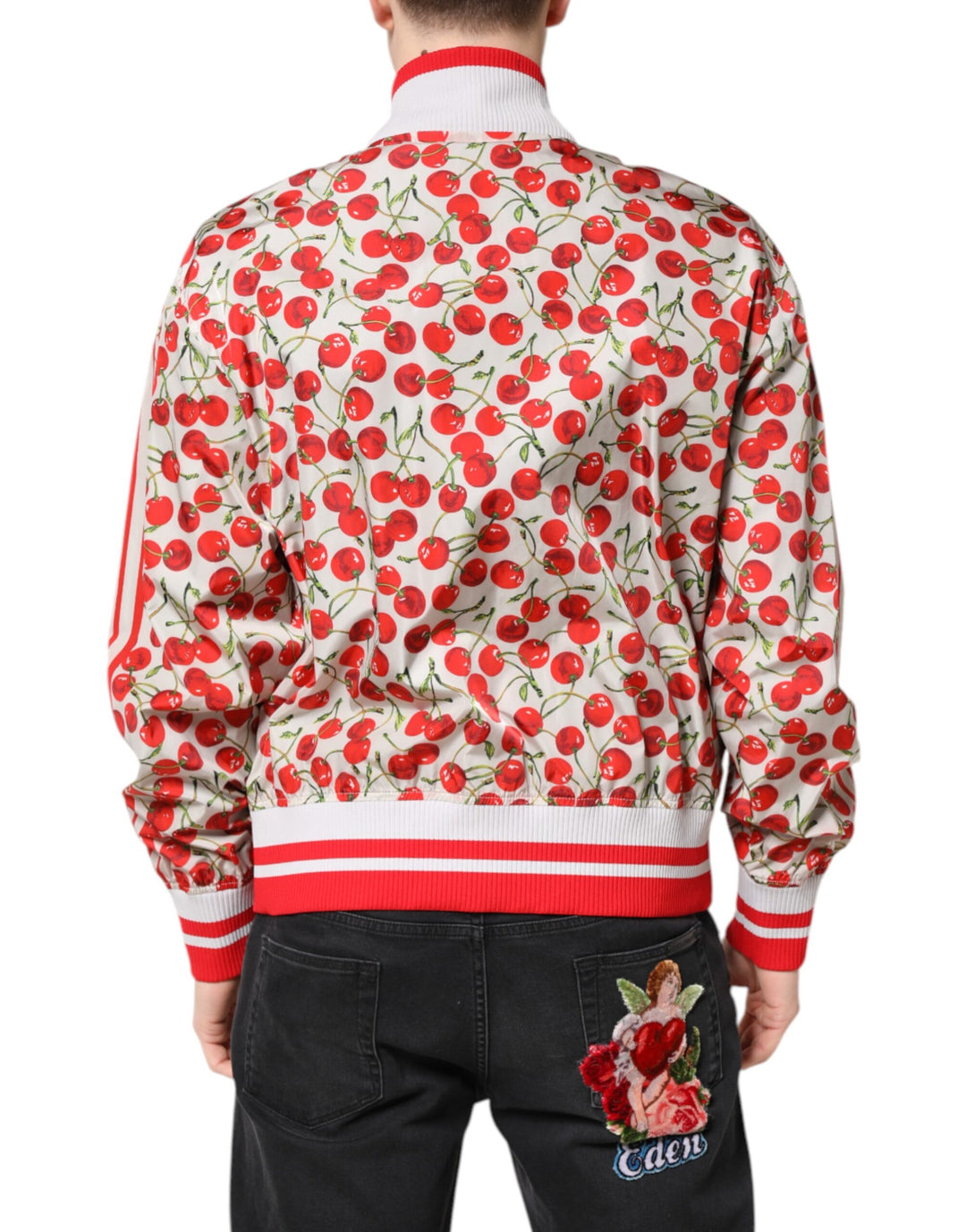 White Cherry Print Full Zip Bomber Jacket