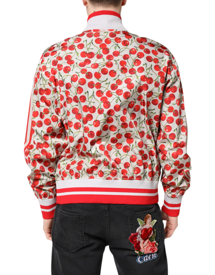 White Cherry Print Full Zip Bomber Jacket